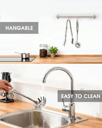 Spaghetti Spoon and Pasta Tong with Grip Teeth and Drain Holes (Silvery(stainless steel）)