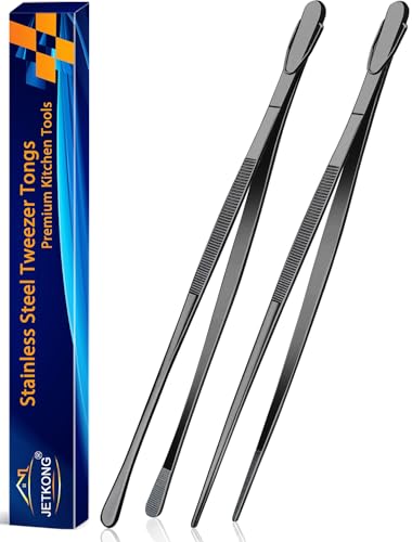 2 Pcs 14 Inch Food Tweezer Tongs Extra Long Stainless Steel Kitchen Tweezer Cooking Tweezers (14+14 Inch / Black)