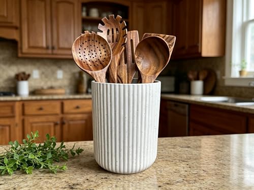 Large Stoneware Kitchen Utensil Holder for Kitchen Counter & Countertop Cooking Utensil Holder Spatula Holder Utensil Crock for Kitchen Counter Vertical Ribbed Fluted Stripe (Speckled White)