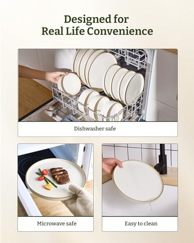Nebula 16 Piece Stoneware Dinnerware Set with Pasta Bowls (Matte Beige White with Brown Rim / Service for 4 (Include Pasta Bowls))