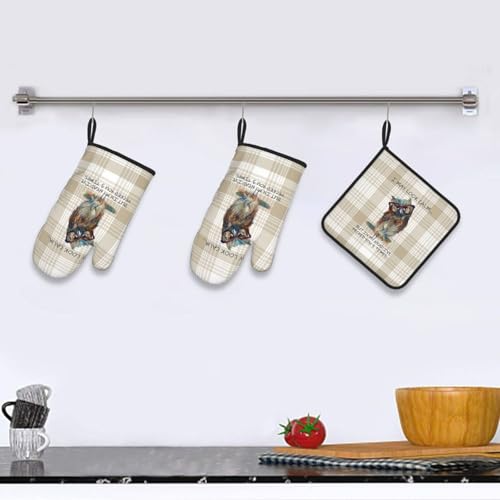 Funny Owl Oven Mitts and Pot Holders Sets of 3 Kitchen Hot Pads (Funny Owl)