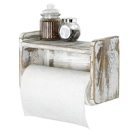 Farmhouse Paper Towel Holder Rack with Top Shelf (Whitewashed)