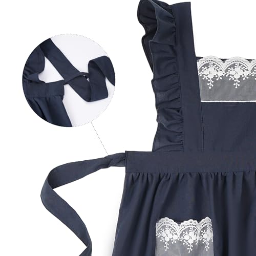 Vintage Aprons for Women with Pockets Cute Lace Ruffle Adjustable Apron for Cooking Kitchen Baking Gardening (Navy Blue)
