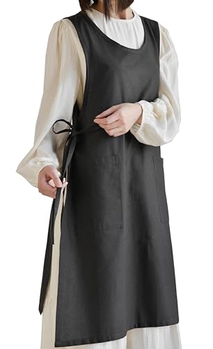 Japanese Cotton Linen Cross Back Work Apron for Women with Pockets Pinafore Dress Smock (02-black)