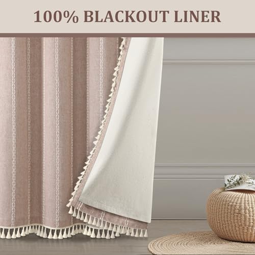 Blush Beige Boho Blackout Curtains 84 Inch 2 Panels with Tassels (Blush Beige / 52"W x 84"L (Pack of 2))