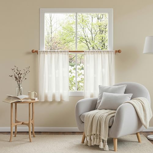 Natural Curtains 30 Inch Long for Cafe (34"W x 30"L (Pack of 2) / Beige White)