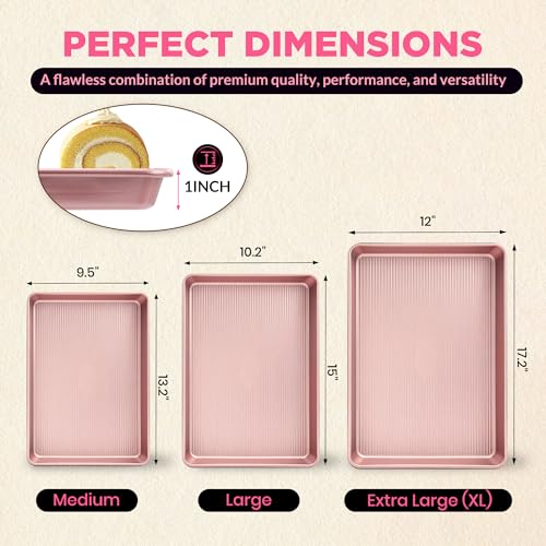 3 Piece Heavy Duty Carbon Steel Baking Sheets Set (Pink)