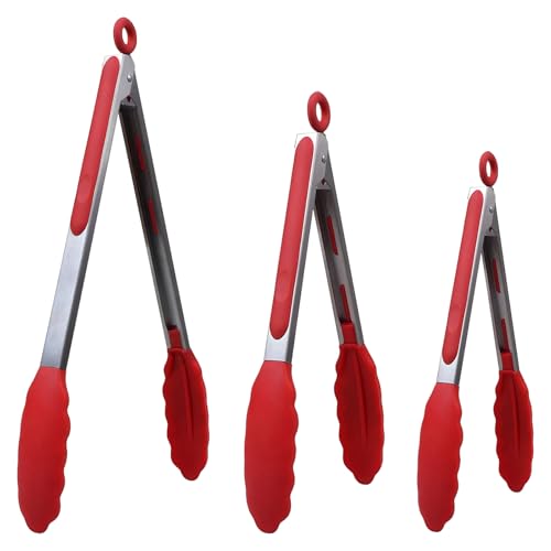 Kitchen Tongs for Cooking w Non (Red / 3Pcs, 7+9+12 Inch)
