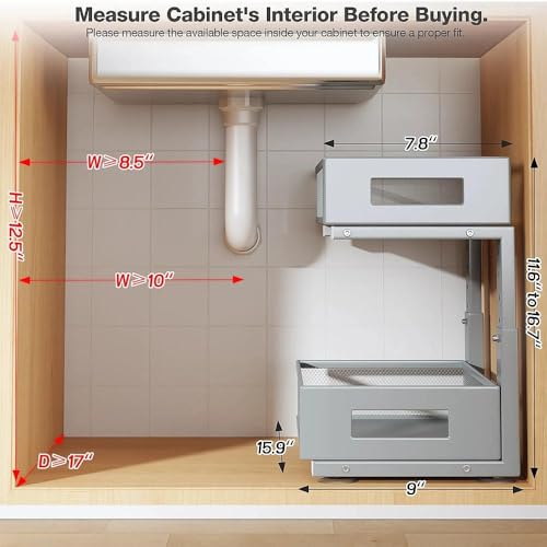 Under Sink Organizer (Gun Gray / 1 Pack-15.9"Dx11.6"-16.7" H)
