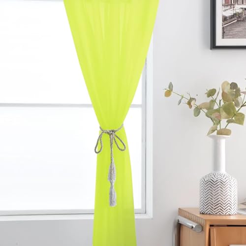 Basic Rod Pocket Sheer Voile Window Curtain Panels Chartreuse 1 Pair 2 Panels 52 Width 96 Inch Long for Kitchen Bedroom Children Living Room Yard（Chartreuse (Chartreuse / 52"W x 96"L (Pack of 2))