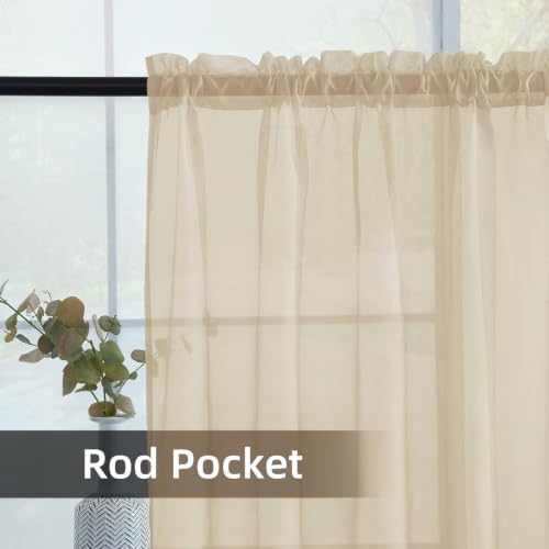 Solid Sheer Rod Pocket Curtain Voile Draperies 2 Panels White Beige Black Grey Coffee 52 Inch Width 63 Inch Long 1 Pair for Kitchen Bedroom Children Living Room Yard (Apricot / 52"W x 63"L (Pack of 2))