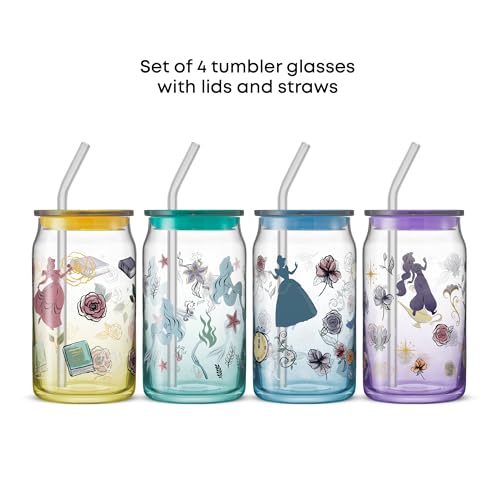 Disney Princess Icon Glass Tumblers with Lids and Straws (Princess)