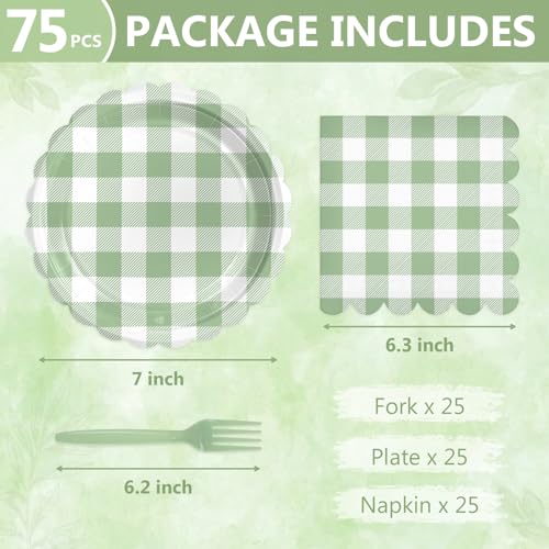 75 Sage Green Gingham Paper Plates and Napkins Disposable for Party (Sage Green Gingham 75 Plates Set / 7-inch Set)