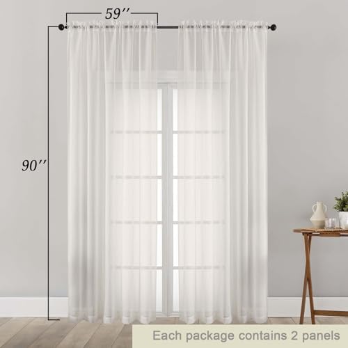 Sheer Ivory Curtains for Bedroom Living Room 90 Inches Long 2 Panels Set (Ivory / 59"W x 90"L (Pack of 2))