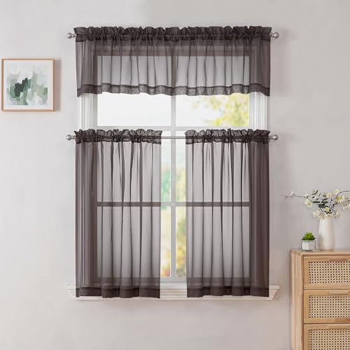 Chocolate Valances 14 Inches Long for Living Room Pocket 2 Panel Light Filtering Sheer Translucent Valence Toppers for Short Window Kitchen Bathroom Bedroom 42x14 Inch Length (Chocolate / 42"W x 14"L (Pack of 2))