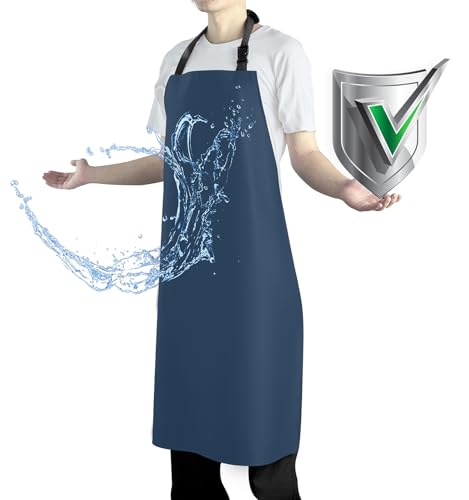 Waterproof Rubber Vinyl Apron Heavy Duty Chemical Resistant Work Apron Extra Long Grilling Aprons with Adjustable Bib Apron for Dishwashing Lab Butcher Cooking Kitchen Dark Blue (Dark Blue)