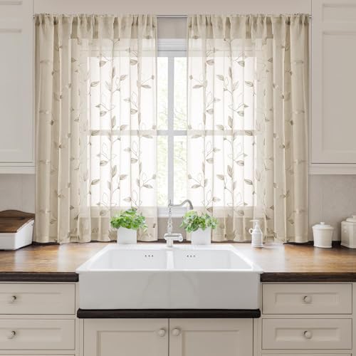 Taupe Kitchen Sheer Curtains Leaf Embroidered (52"W x 45"L (Pack of 2) / 2-taupe/Beige)