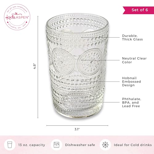 Hobnail Beaded Floral Clear Drinking Glasses Set of 6 (Clear / 13 oz)