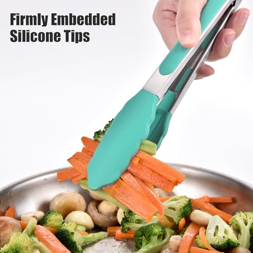 Kitchen Tongs with Silicone Tips for Cooking Serving (9in / Aqua Sky)
