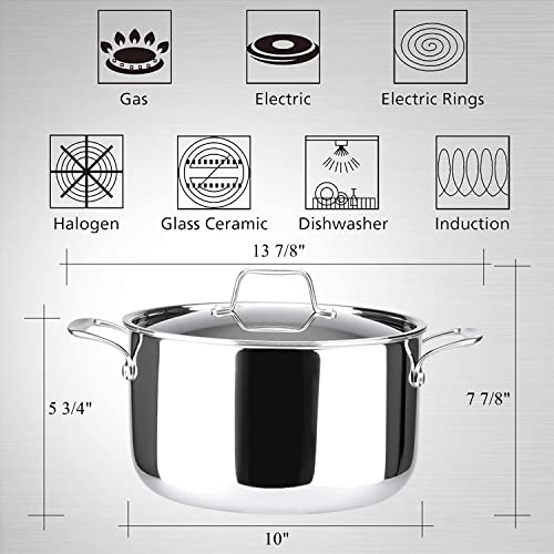 Tri Ply Stainless Steel Stock Pot with Lid 6.5 Quart (6.6 Quarts)