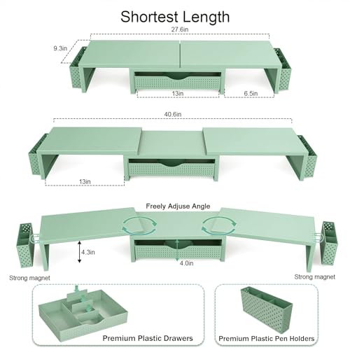 Dual Monitor Stand Riser With Drawer and 2 Pen Holders (Sage Green)