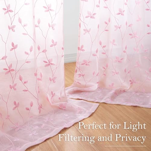 Pink Sheer Curtains Vine Embroidered (52"W x 63"L (Pack of 2) / Vine Pink)