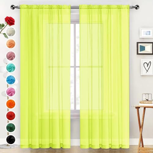 Basic Rod Pocket Sheer Voile Window Curtain Panels Chartreuse 1 Pair 2 Panels 52 Width 72 Inch Long for Kitchen Bedroom Children Living Room Yard（Chartreuse (Chartreuse / 52"W x 72"L (Pack of 2))