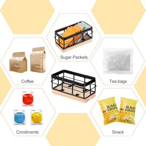 Sugar Packet Basket Iron Sugar Organizer with Wooden Base Small Caddy Iron Organizer Coffee Creamer Holder Tea Bag Caddy Holder for Coffee Bar Kitchen Home