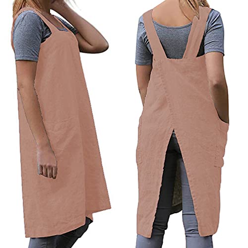 Women's Cross Back Pinafore Apron with Large Pockets Home Kitchen (Small / Salmon Pink)