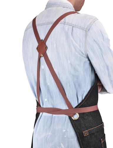 Mens Womens Cooking Apron with Cross Back Straps (Black Denim With Cross Back Straps)