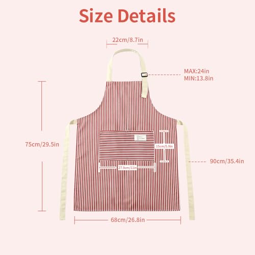 Aprons For women With Pockets Aprons For Soft Apron With An Adjustable Neck Strap (Red Fine Stripes)
