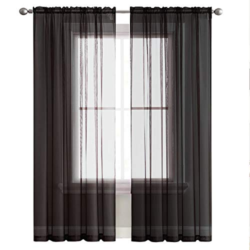 Sheer Voile Window Treatment Rod Pocket Curtain Panels for Kitchen Bedroom Living Room Drapes Sunlight Filtering Privacy Semi Home Decor Assorted (Black / 52"W x 63"L (Pack of 2))