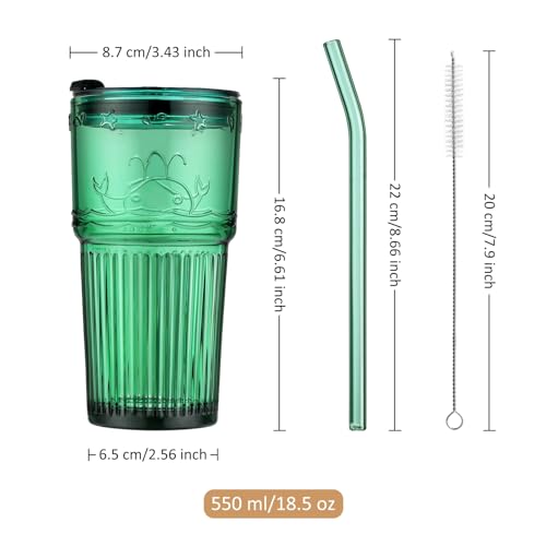 Green Glass Tumbler with Lid and Straw (Green-3)