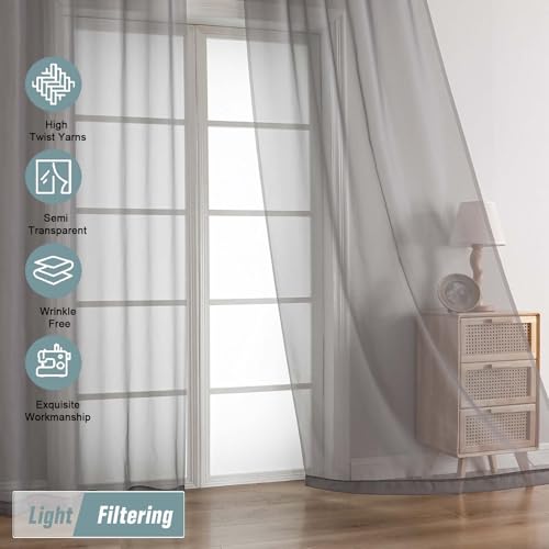 Grey Sheer Curtains 63 Inch Length 2 Panels (42"W x 63"L (Pack of 2) / Charcoal Grey)