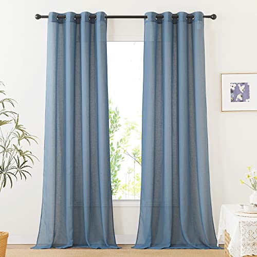 Linen Sheer Stone Blue Curtains 108 inch Long for Living Room (52"W x 108"L (Pack of 2) / Stone Blue)