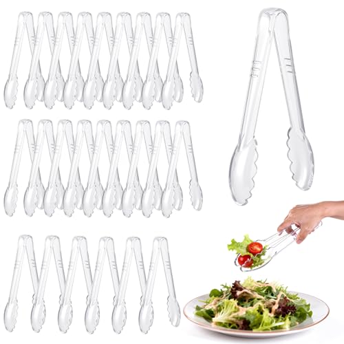 24 Pc Plastic Tongs for Serving 9 Inch Bulk Reusable or Disposable Tongs Heavy Duty Hard Serving Utensils Set Large Salad Tong for Kitchen Party Food Buffet Appetizer BBQ Event Catering Clear (Clear)