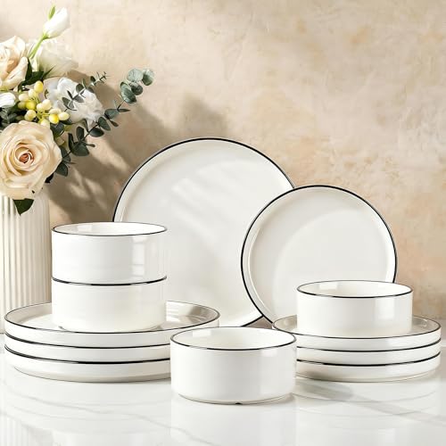 Porcelain 12 Piece Dinnerware Set (White with Black Trim / Service for 4 (Standard Dinner Set))