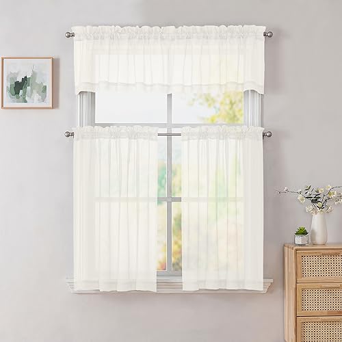 Ivory Valances 14 Inches Long for Living Room Pocket 2 Panel Light Filtering Sheer Translucent Valence Toppers for Window Kitchen Bathroom Bedroom Ivory 42x14 Inch Length (Ivory / 42"W x 14"L (Pack of 2))