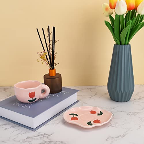 6oz Irregular Saucer Ceramic Mug (Pink Tulips)