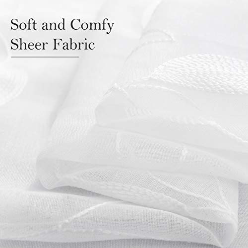 White Sheer Kitchen Curtains 52 x 45 Inch Length 2 Panels Embroidered Leaf Pattern Short Curtains for Bedroom Half Small Window Rod Pocket Tiers (52"W x 45"L (Pack of 2) / 4-white)