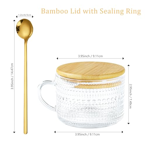Glass Coffee Mugs with Lid and Spoon Overnight Oats Containers (Hobnail*3+Sunflower*3)
