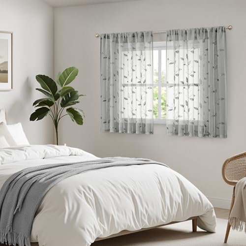 Grey Gray Sheer Kitchen Curtains 52 x 45 Inch Length 2 Panels Embroidered Leaf Pattern Short Curtains for Bedroom Half Small Window Rod Pocket Tiers (52"W x 45"L (Pack of 2) / 3-grey)