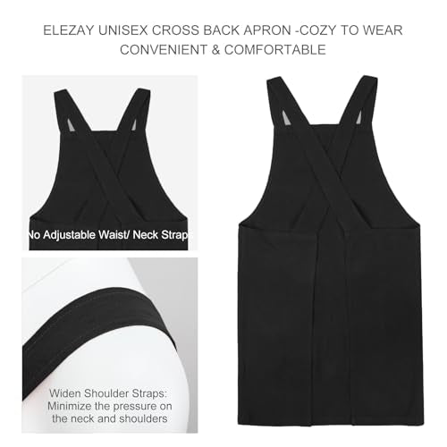 Aprons for Women with Pockets Plus Size Comfort Cross Back No Tie Cotton Linen Apron Pinafore (Black / Medium)