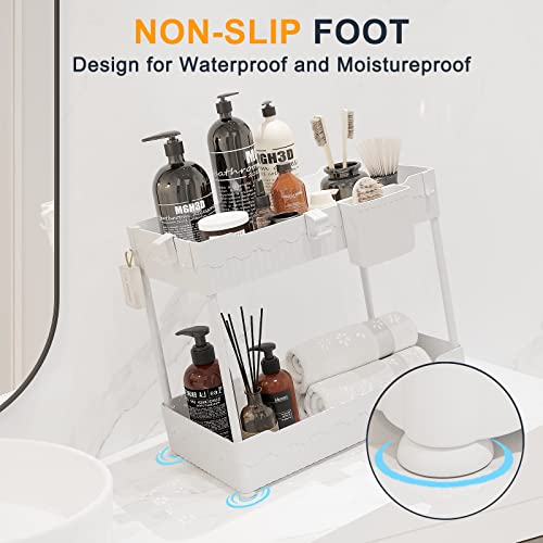 2 Pack Under Sink Organizer with Hooks & Hanging Cup for Kitchen (White / 14.8 Inch)