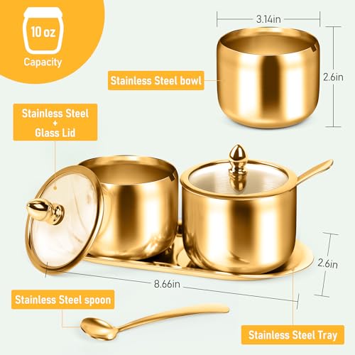 2 Pcs Coffee and Sugar Dispenser with Tray (Gold)