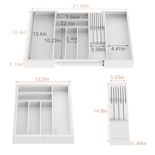 Expandable Bamboo Silverware Drawer Organizer Kitchen Tray (White / Large)