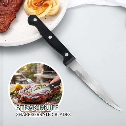 24 Piece Silver Silverware Set with Steak Knives Black Stainless Steel Flatware Set for 4 Food Grade Tableware Cutlery Set Rust (24Pcs-B)