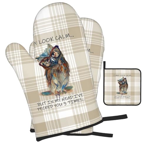 Funny Owl Oven Mitts and Pot Holders Sets of 3 Kitchen Hot Pads (Funny Owl)
