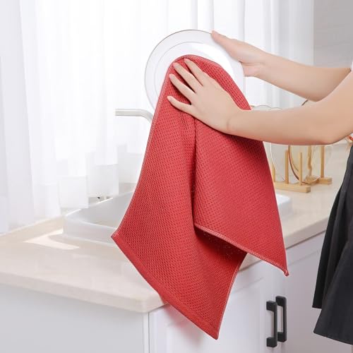 100% Cotton Waffle Weave Kitchen Dish Towels 6 (Brick Red / 13 X 28 - 6 Pack)
