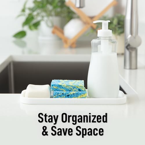9x3.5) Silicone Sponge Holder for Kitchen Sink - Flexible Multipurpose Soap Tray - Sink Organizer for Kitchen, Bathroom, Makeup, Trinkets & More (White) (White (Medium) / Medium (9x3.5))